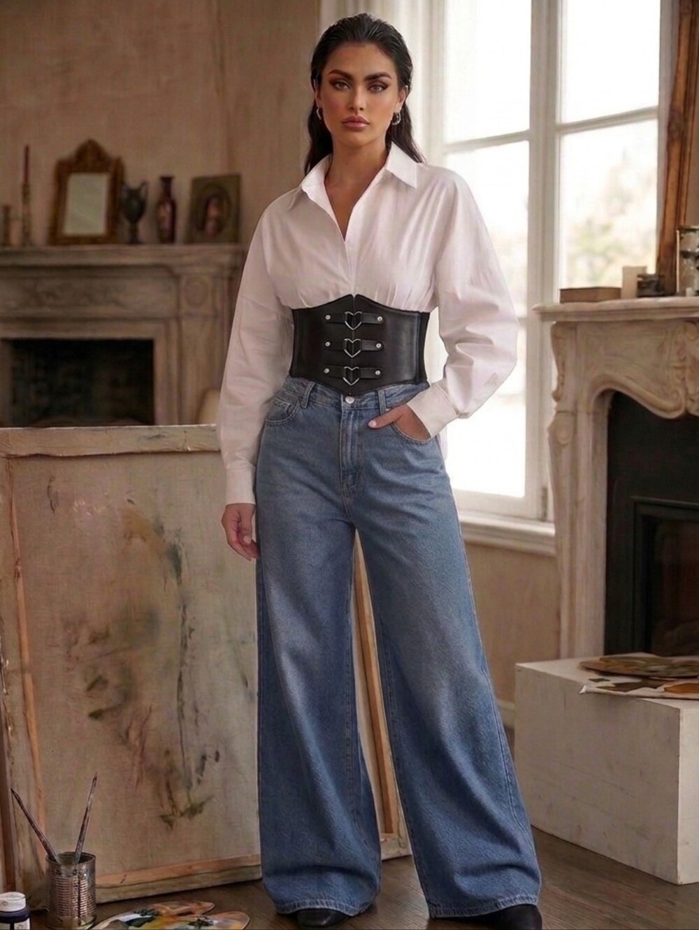 Corset Style‎ Triple Buckle Wide Belt Elastic Waist Band Faux Leather One Size